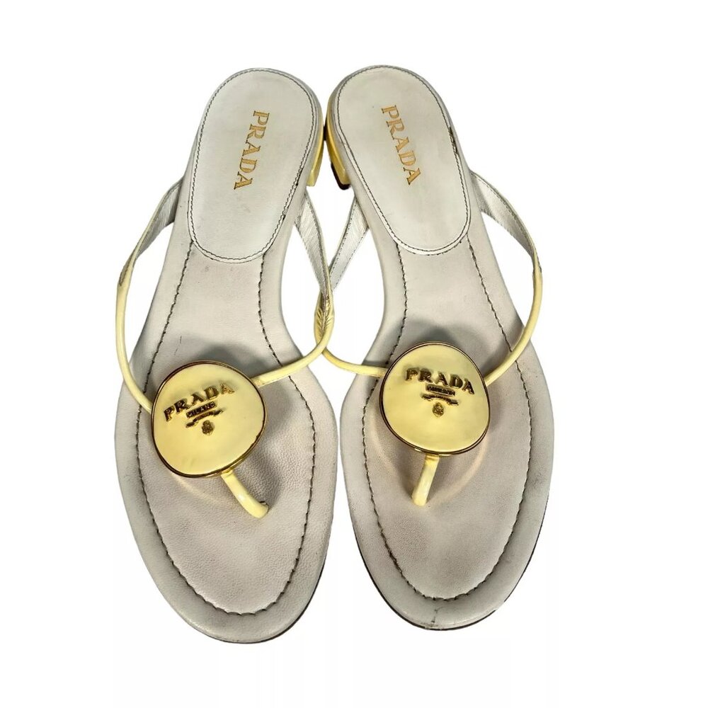 Prada Cream Enamel Logo Plaque Leather Flip Flop Sandals Size EU 40 Womens - Picture 2 of 16